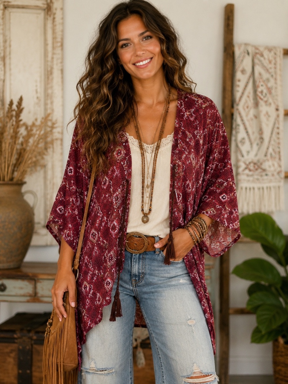 Canyon Sky Burgundy Boho Kimono | Size 14/20,which is a plus-size “one size” fit